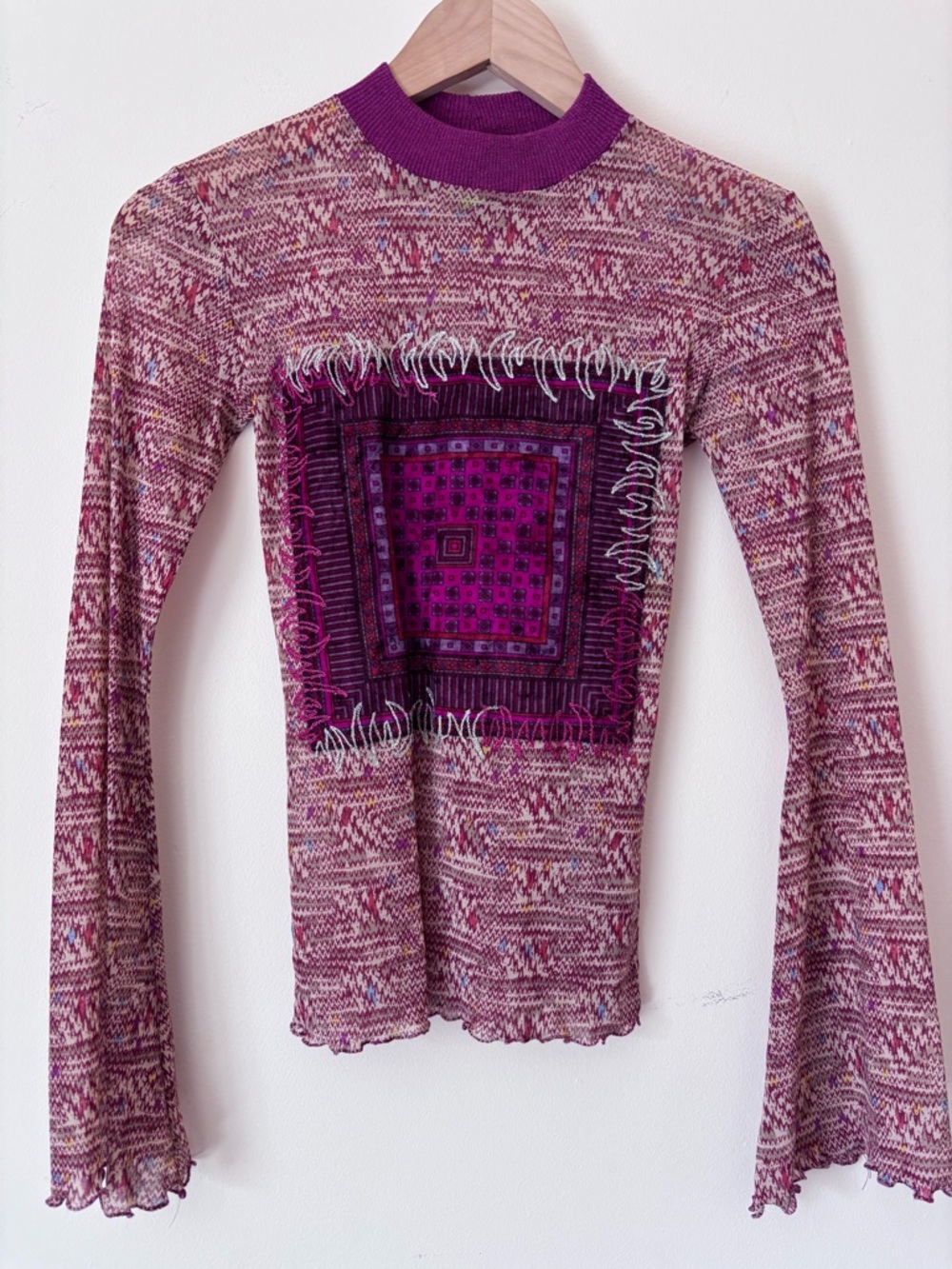Save The Queen Purple Patterned Long-Sleeve Knit Top with Bandana Panel